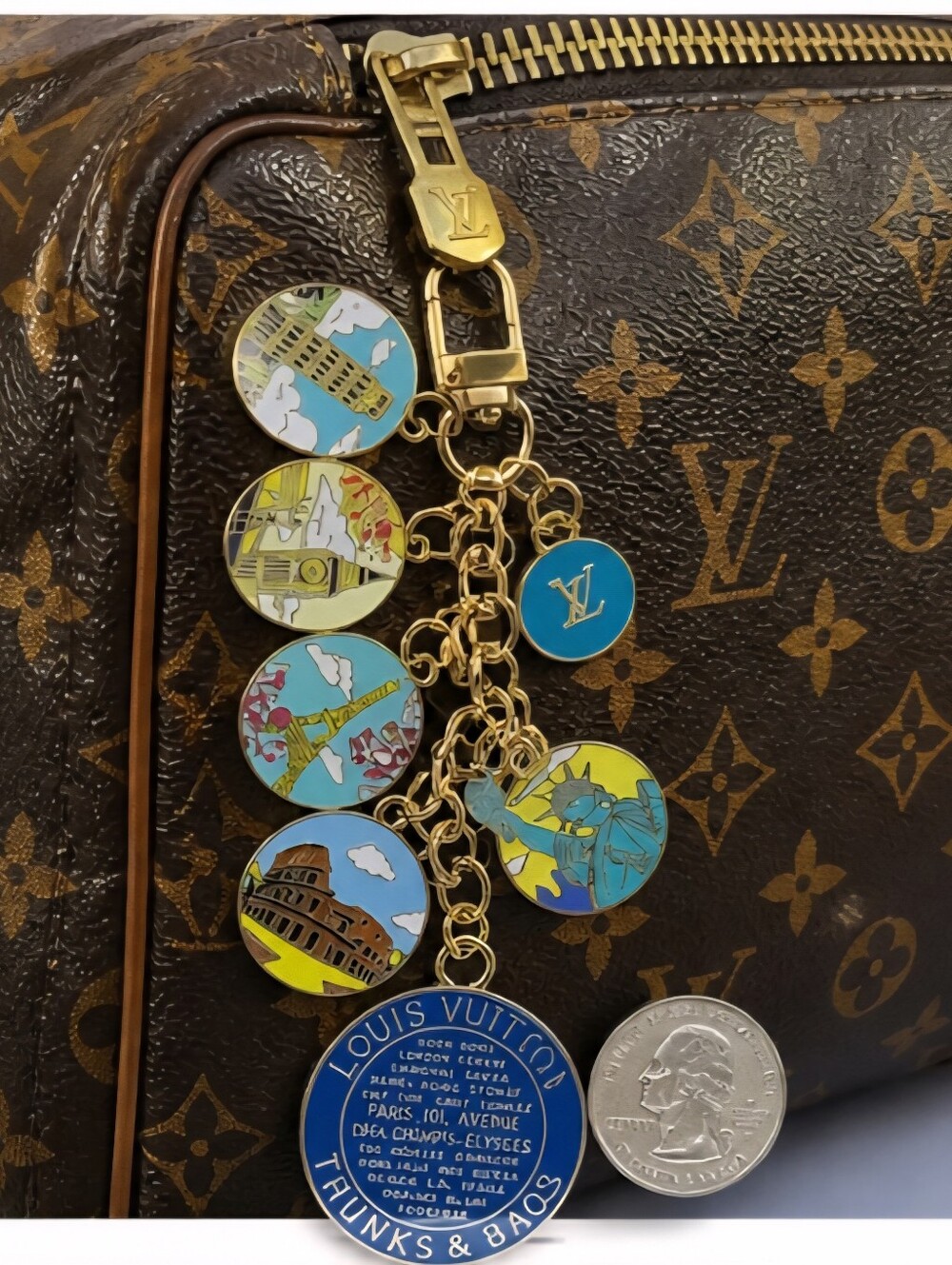 Louis Vuitton Trunks&Bags Zip Pull, "Around The World" Keychain/Bag Charm